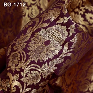 Indian Wine Gold Banarasi Brocade Fabric by the Yard Banaras Silk Wedding Dress Crafting Sewing Home decor Sari Bridal Blouse Cushion Covers