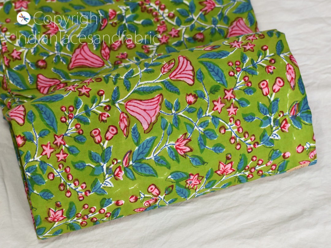 Green Floral Indian Hand Block Printed Cotton Fabric by the Yard Women ...