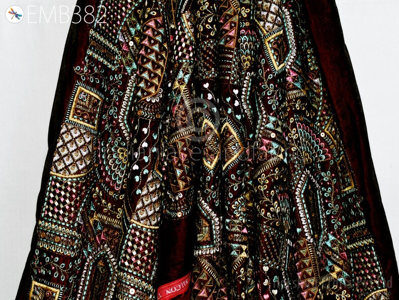 Buy Maroon Indian Embroidered Velvet Fabric by the Yard Sewing DIY