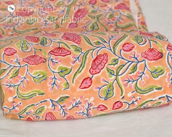 Peach Indian Hand Stamped Block Printed Cotton Fabric By The Yard Quilting Curtains Pillows Women Summer Dresses Girls Kids Sewing Crafting