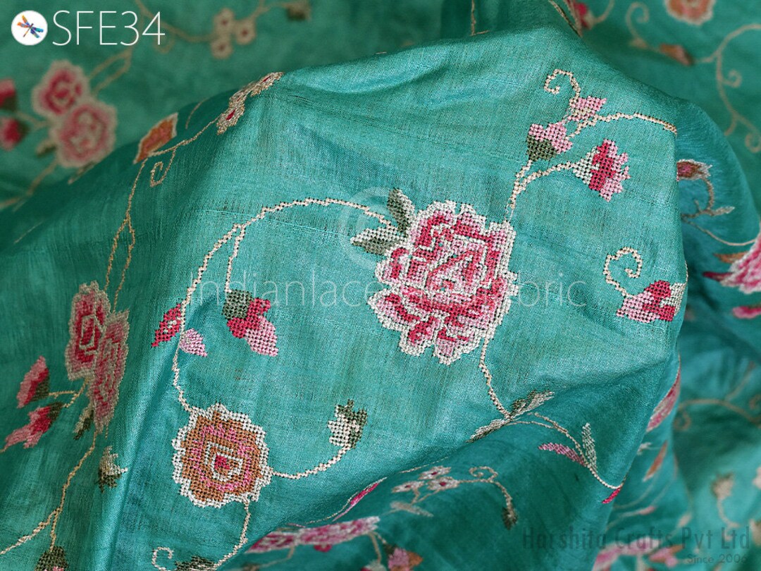 Pure Tussar Silk Embroidered Fabric by the Yard Indian Embroidery Raw