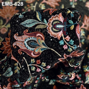 Sequin Indian Embroidered Velvet Black Fabric by the yard Sewing Crafting Wedding Dress Theatrical Costumes Waistcoats Doll Bags Home Decor