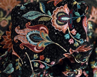 Sequin Indian Embroidered Velvet Black Fabric by the yard Sewing Crafting Wedding Dress Theatrical Costumes Waistcoats Doll Bags Home Decor