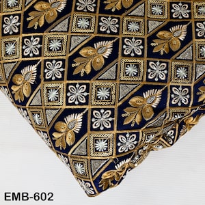 Navy Blue Wedding Dress Material Embroidered Fabric by the yard Sewing Crafting Indian Embroidery Victorian Costumes Dolls Table Runner