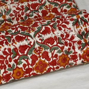 Red Floral Indian Hand Block Printed Cotton Fabric by the Yard Women Dress Material Quilting Sewing Crafting Drapery Apparel Baby Nursery