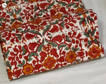 Red Floral Indian Hand Block Printed Cotton Fabric by the Yard Women Dress Material Quilting Sewing Crafting Drapery Apparel Baby Nursery