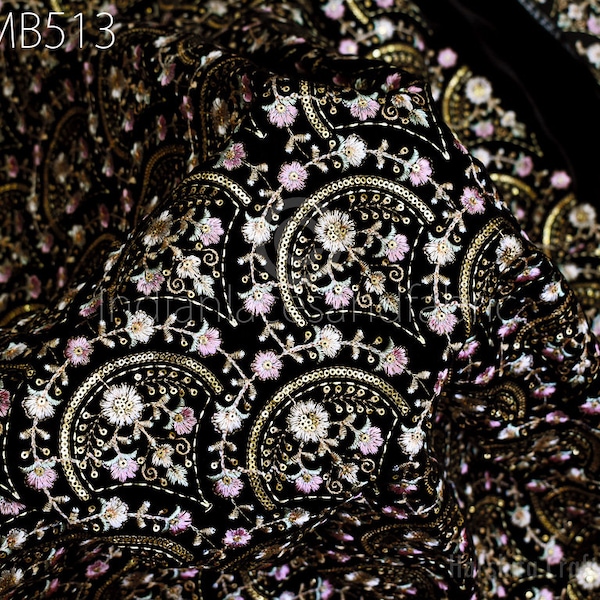 Tissu de velours brodé indien noir par cour couture bricolage artisanat robes de mariée vestes Costumes chemin de Table Quilting