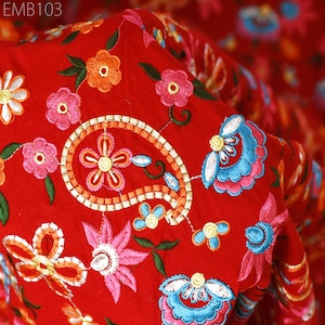 Red Embroidered Cotton Fabric by the Yard Indian Embroidery Sewing DIY Crafting Women Summer Dresses Costumes Tote Bag Home Decor Curtains