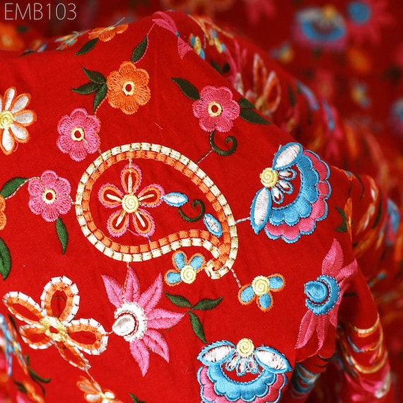 Red Embroidered Cotton Fabric by the Yard Indian Embroidery Sewing DIY Crafting Women Summer Dresses Costumes Tote Bag Home Decor Curtains