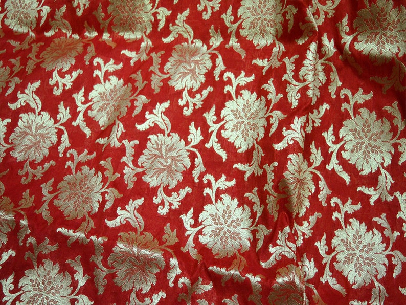 Indian Fabric Banarasi Red Silk Brocade Fabric Dress Material for Weddings by the yard Banaras blended Silk Fabric Remnant