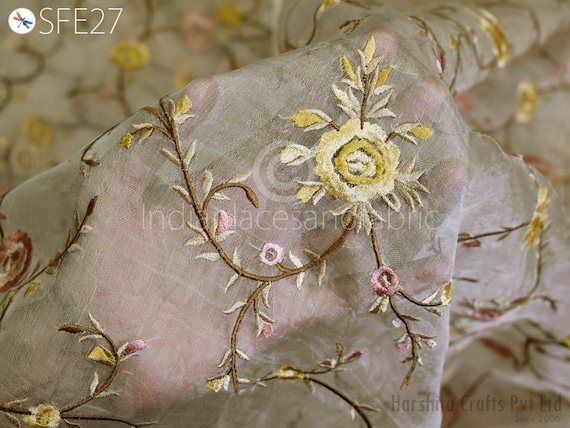 Pure Silk Organza Embroidered Fabric by the Yard Indian Embroidery