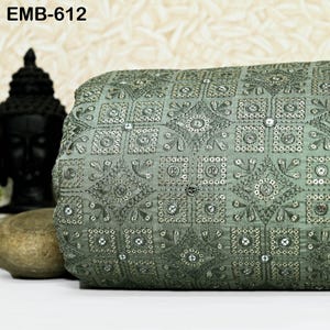 Dusty Green Wedding Dress Material Embroidered Fabric by the yard Sewing DIY Crafting Indian Embroidery Victorian Costumes Dolls Waistcoats