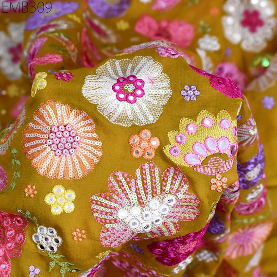 georgette embroidered dress material Indian Embroidered Fabric by the Yard Yellow Georgette Embroidery Sewing  Curtain DIY Crafting Summer Women Dress Material Drapery Home Decor