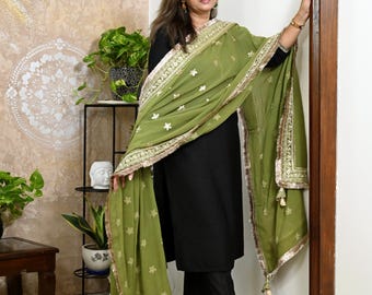 Embroidered Dupatta, Bridal Veil - Olive Green Sequined Stole | Georgette | 96 X 42 Inches