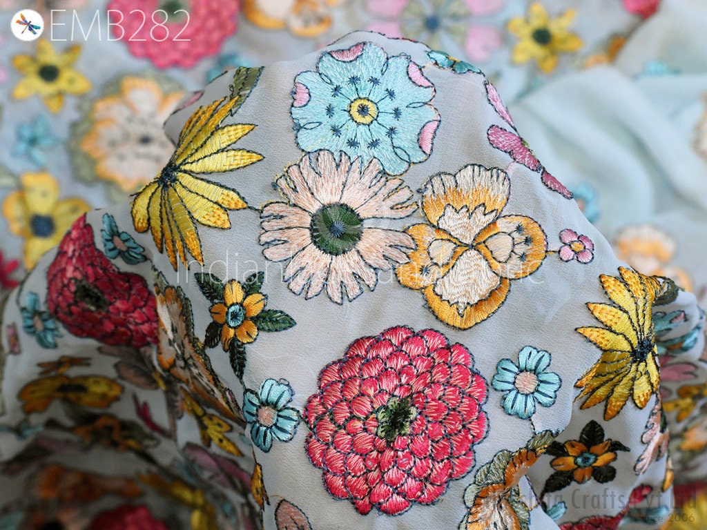 Floral Embroidered Cotton Fabric by the Yard Indian Embroidery