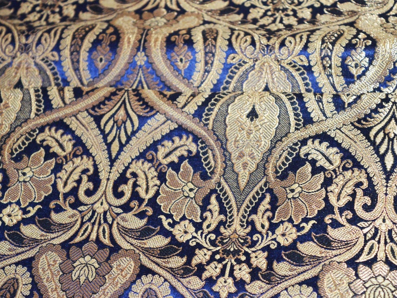 Navy Blue and Gold Floral Pattern Weaving Brocade Indian Art - Etsy