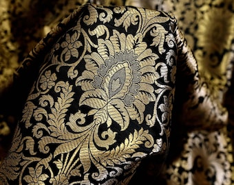 Black Gold Weaving Brocade by the Yard Banarasi Fabric Wedding Dresses home furnishing table runner cushion covers clutches making brocade