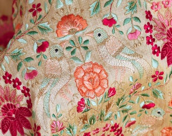 Beige Embroidered Fabric by the yard Sewing DIY Crafting Indian Embroidery Wedding Dress Costumes Dolls Bags Cushion Covers Table Runners