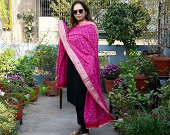 Magenta Georgette Dupatta Women Bridal Wedding lehenga Heavy Chunni Veil Sequin Scarf Indian Fabric Dress Woman Costumes Gift Her Bridesmaid