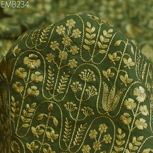 Green Embroidered Cotton Fabric by the Yard Indian Embroidery Sewing Fabric DIY Crafting Wedding Dress Costumes Doll Bag Home Decor Cushions
