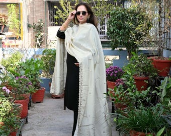 Tissue Organza Stole with Scalloped Border Gold | Zari Embroidered Dyeable Dupatta | Bridal, Wedding, Festive Shawl | Custom color