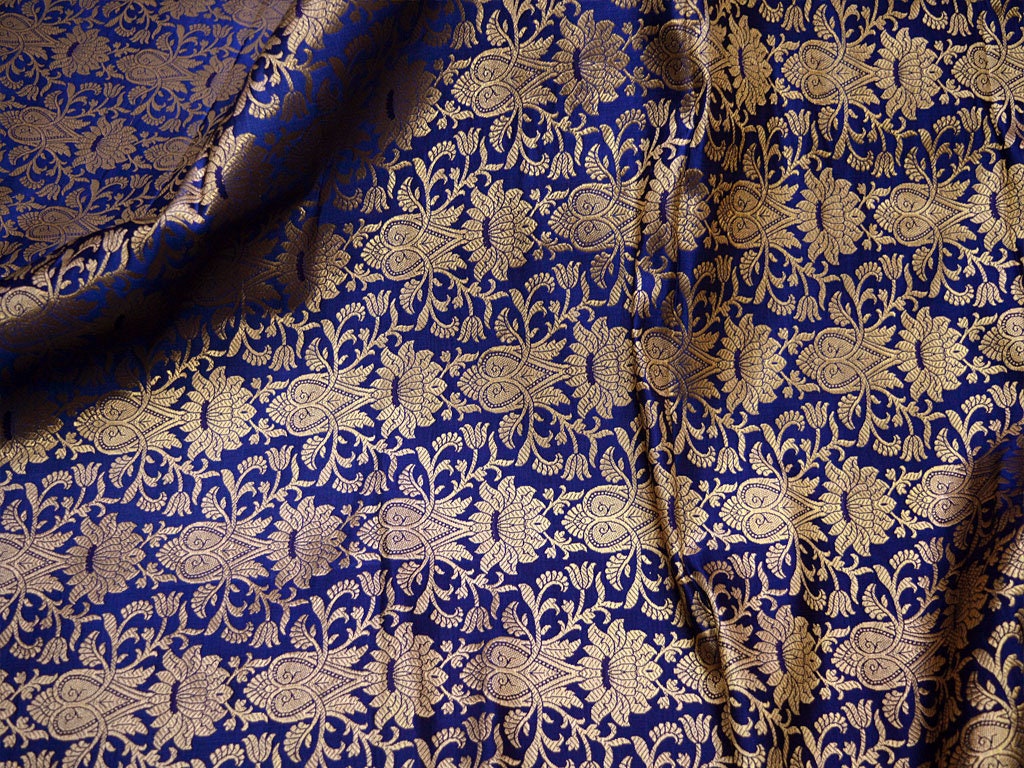 Navy Blue Brocade Fabric for Wedding Dress lehenga Banaras | Etsy