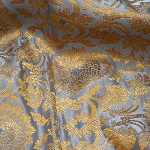 Grey Brocade Fabric by the Yard Banarasi Fabric Banarasi - Etsy