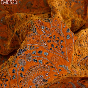 Mustard Indian Embroidered Velvet Fabric by the yard Dresses Making Sewing DIY Crafting Wedding Costumes Blazers Bags Table Runner Quilting