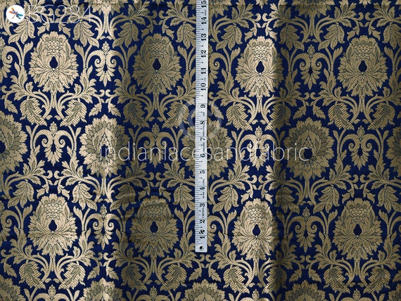 Blue Brocade Fabric by the Yard for Wedding Dress Banarasi