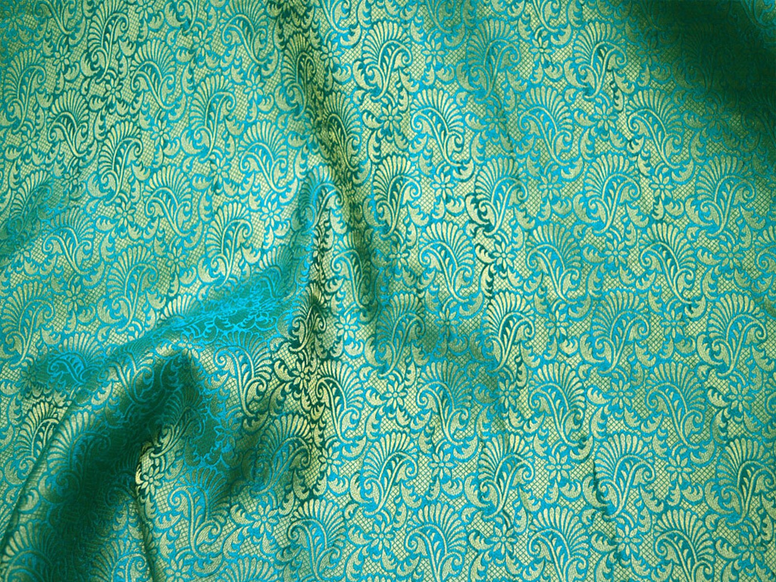 Indian fabrics Peacock Green and Gold Brocade Fabric in Flower Etsy