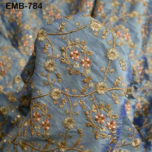 Indian Blue Embroidered Fabric by the yard Sewing Crafting Wedding Dress Embroidery Costumes Blouses Mid Length Coats Short Jackets Curtain