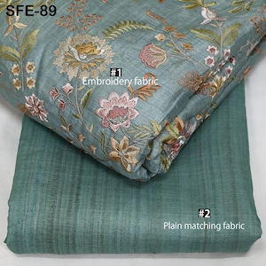 Pure Tussar Silk Embroidered Fabric by yard Indian Dusty Mint Embroidery Raw Silk Wild Natural Handmade Peace Silk Tussah Dress Material