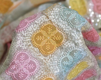 Sequin Embroidery Fabric by the Yard Indian Multi Georgette Saree Embroidered Crafting Sewing Sequined Wedding Dress Costumes Doll Making
