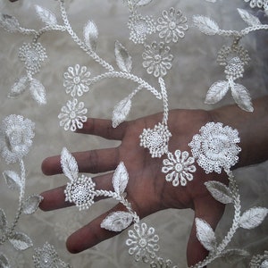 White Tulle Embroidery Fabric by the Yard Bridal Wedding Dress Floral Embroidered Indian fabric Saree DIY Crafting Sewing costumes doll