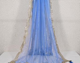 Blue Dupatta Silk Organza Gotta Dupatta Light Weight Indian Bridal Veil Wedding lehenga Chunni Sequin Dress Costumes Perfect Gift for Women