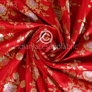 Indian Red Brocade by the Yard Banarasi Wedding Dresses Costumes Material Sewing Lehenga Skirts Vests Jackets Curtains Upholstery Crafting