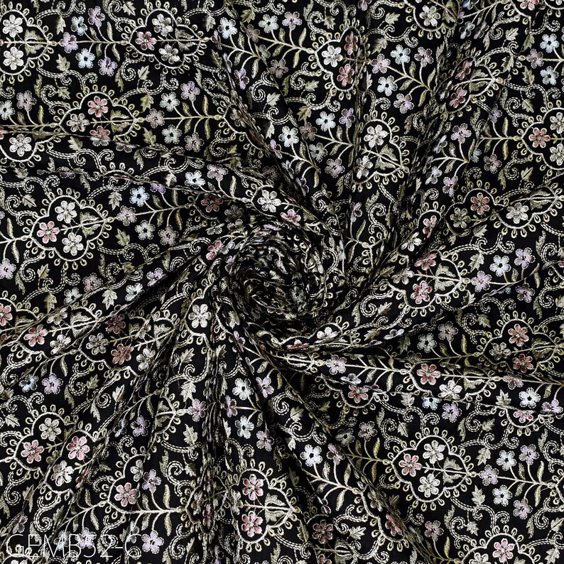 Buy Indian Black Embroidered Fabric by the Yard Sewing DIY Crafting