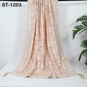 Peach Embroidered Dupatta Women Embroidery Georgette Chunni Bridal Veil Lehenga Wrap Stole Festival Wedding Punjabi Dress Chunri 2.4 Yard