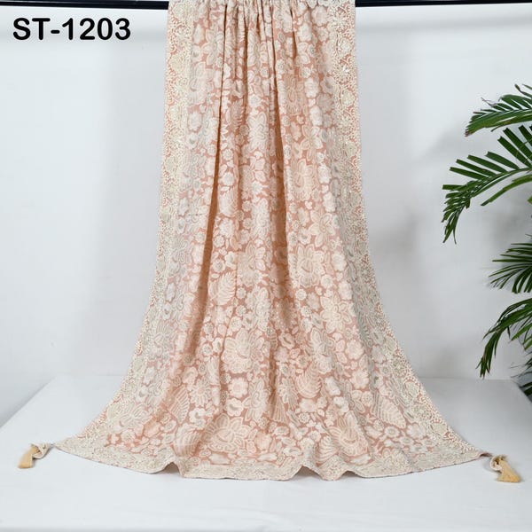 Peach Embroidered Dupatta Women Embroidery Georgette Chunni Bridal Veil Lehenga Wrap Stole Festival Wedding Punjabi Dress Chunri 2.4 Yard