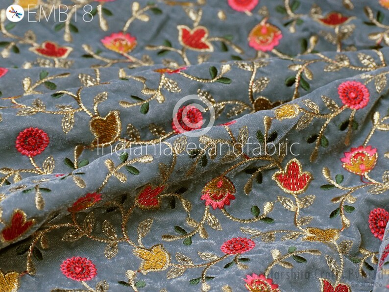 Buy Indian Embroidered Velvet Fabric by the Yard Sewing DIY Online in