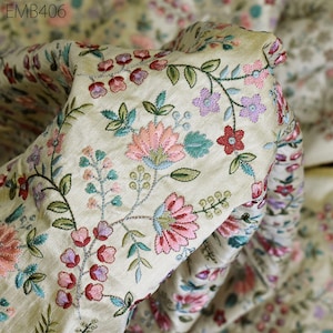 Beige Embroidered Fabric by the yard Sewing DIY Crafting Indian Embroidery Wedding Dress Costumes Dolls Bags Cushion Covers Table Runners