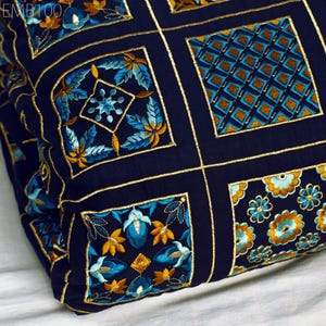 Navy Blue Embroidered Fabric Indian Embroidery Cotton Fabric by the Yard Sewing DIY Crafting Wedding Dress Costumes Doll Tote Bag Home Decor