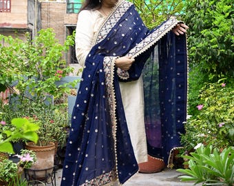 Blue Georgette Designer Dupatta for women, Bridal Wedding lehenga Chunni/Veil Sequin Scarf Indian Ethnic Dress Stole Ideal Gift Bridesmaid
