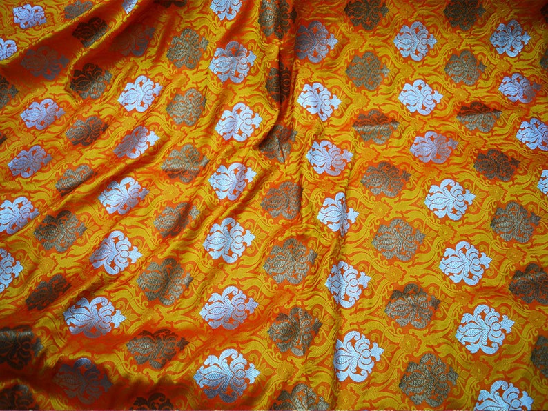 Orange Brocade Fabric Banarasi Brocade Fabric by the Yard Banaras Brocade Art Silk for Wedding Dress