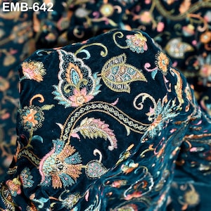 Sequin Indian Embroidered Velvet Teal Fabric by the yard Sewing Crafting Wedding Dress Theatrical Costumes Waistcoats Doll Bags Home Decor