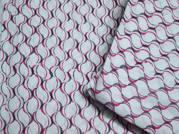Block Print Cotton Hand Printed Fabric Soft Cotton by yard costume fabric Sewing Crafting Pink and Grey white background summer dress fabric