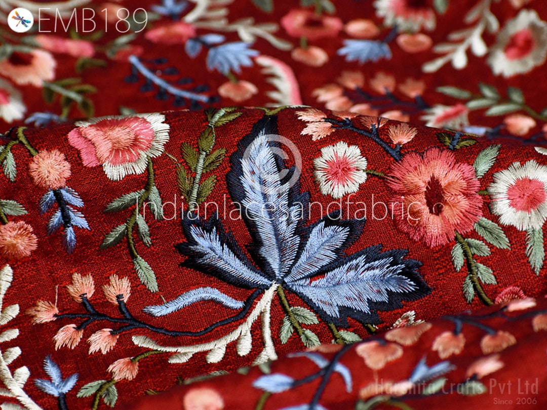 Floral Embroidered Cotton Fabric by the Yard Indian Embroidery