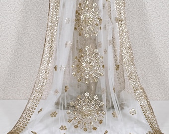 Gold Embroidered Dyeable Dupatta Net Sequin, Light Weight Stole, Indian Bride Wedding Lehenga Veil, Women Haldi Dress Chunni Scarf, Gift Her