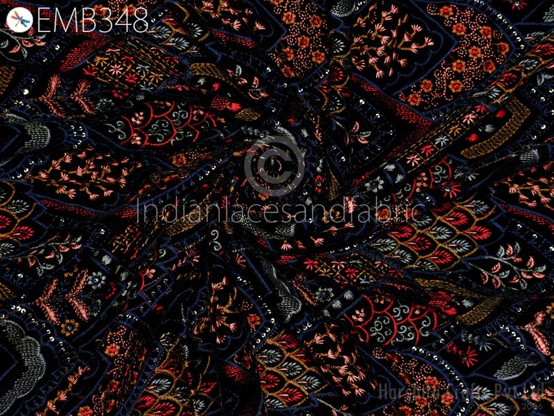 Black Indian Embroidered Velvet Fabric by the Yard Sewing DIY Etsy