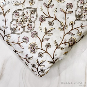 Floral White Embroidered Fabric by the yard Sewing DIY Crafting Indian Embroidery Wedding Dresses Blouses Historical Costumes Table Runners